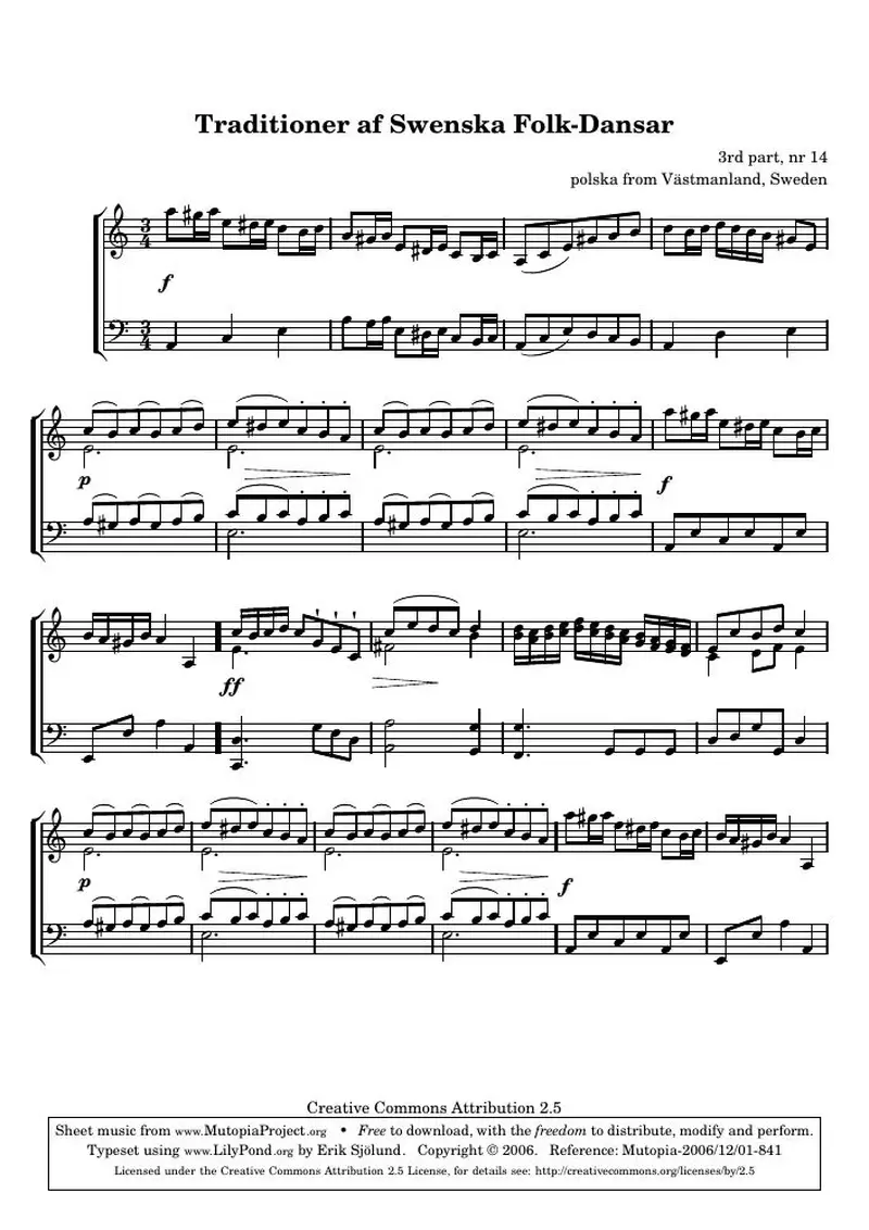 Первая страница нот «Traditioner af Swenska Folk-Dansar, 3rd part, nr 14»