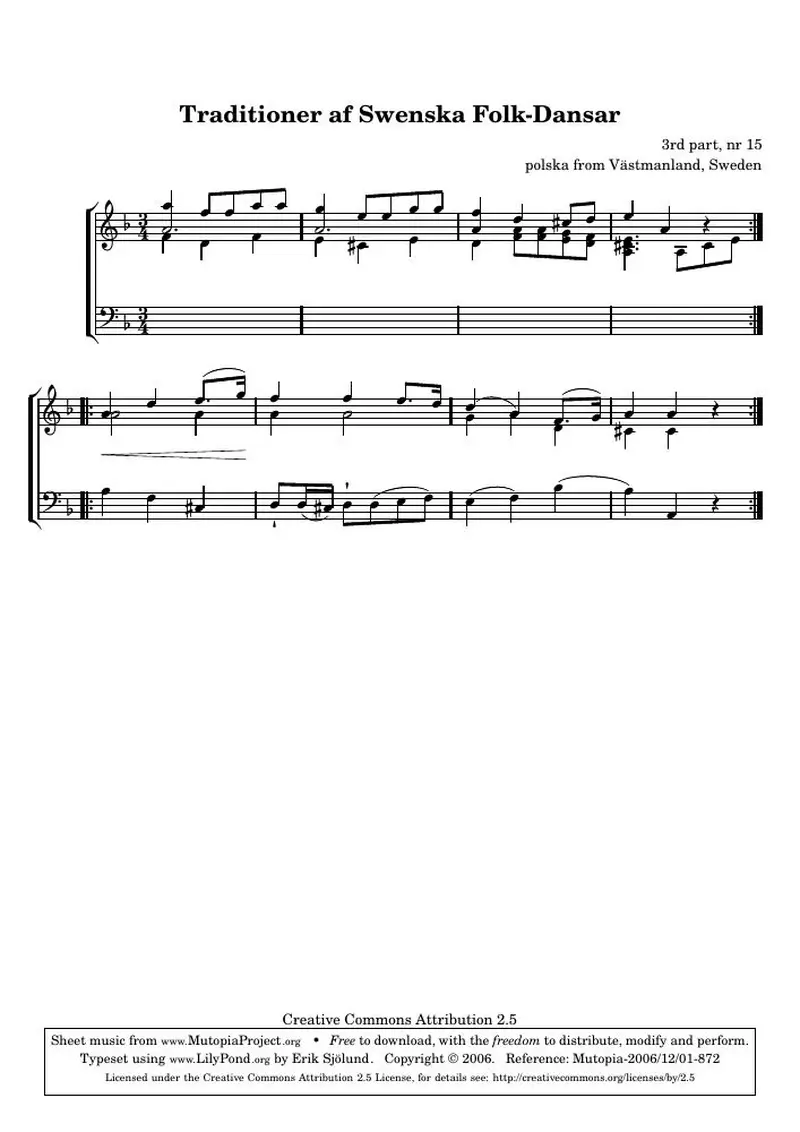 Первая страница нот «Traditioner af Swenska Folk-Dansar, 3rd part, nr 15»