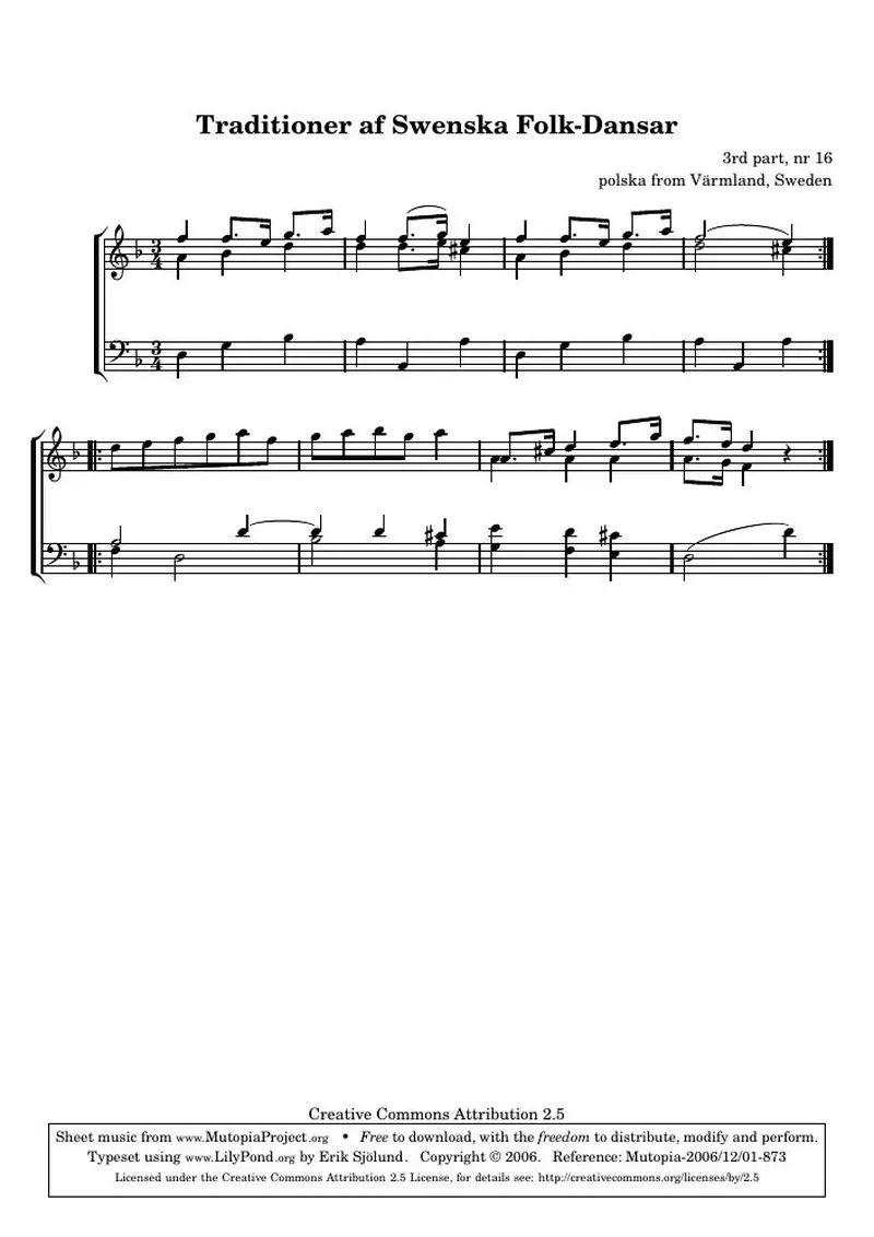 Первая страница нот «Traditioner af Swenska Folk-Dansar, 3rd part, nr 16»