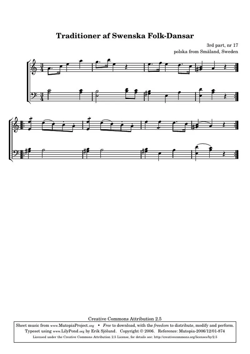 Первая страница нот «Traditioner af Swenska Folk-Dansar, 3rd part, nr 17»