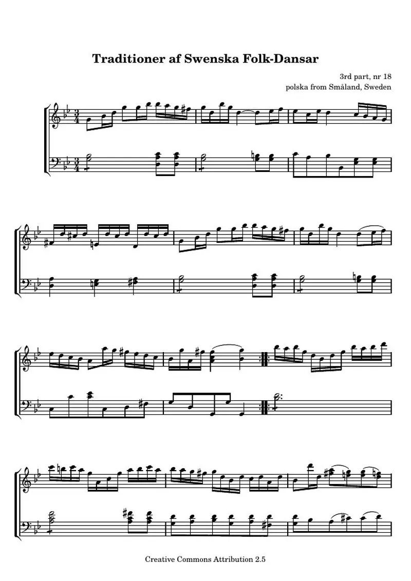 Первая страница нот «Traditioner af Swenska Folk-Dansar, 3rd part, nr 18»