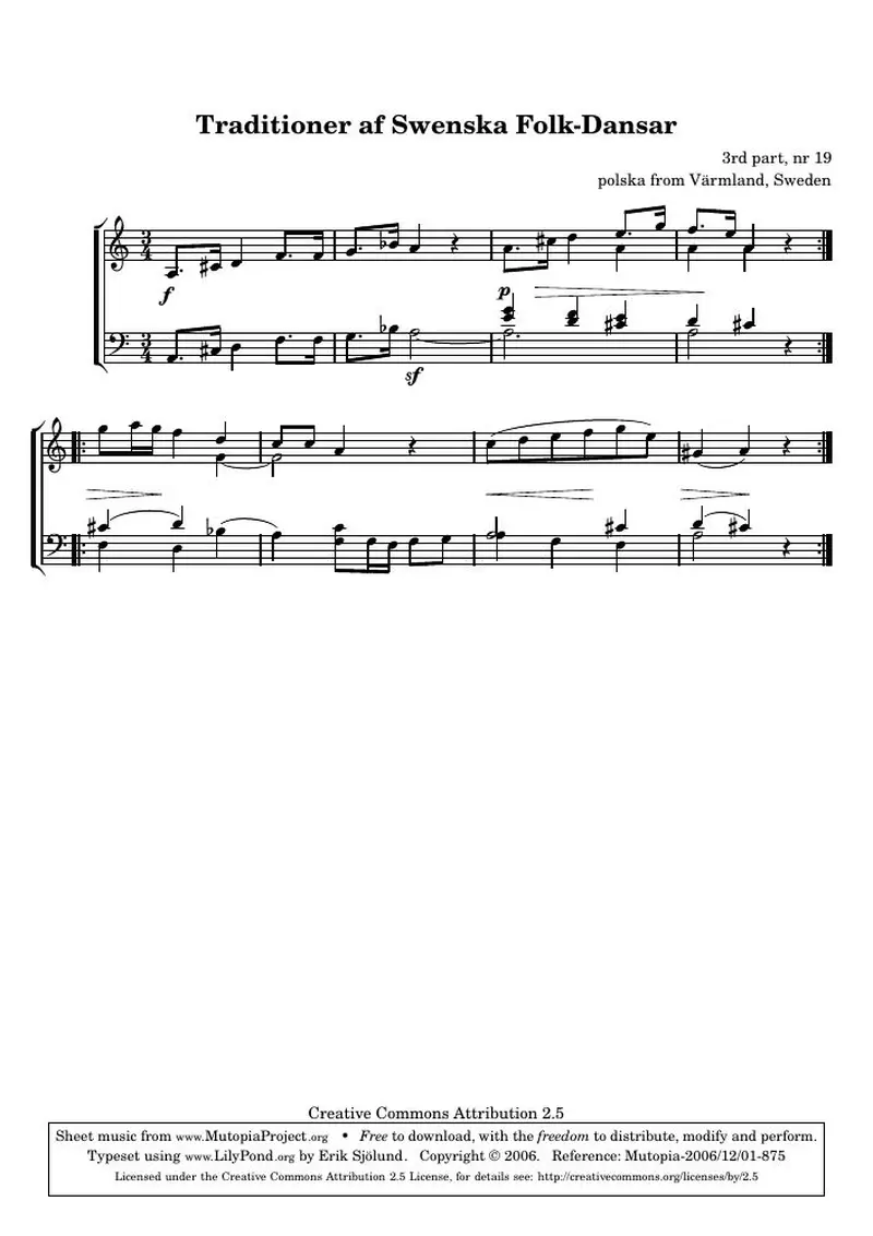 Первая страница нот «Traditioner af Swenska Folk-Dansar, 3rd part, nr 19»
