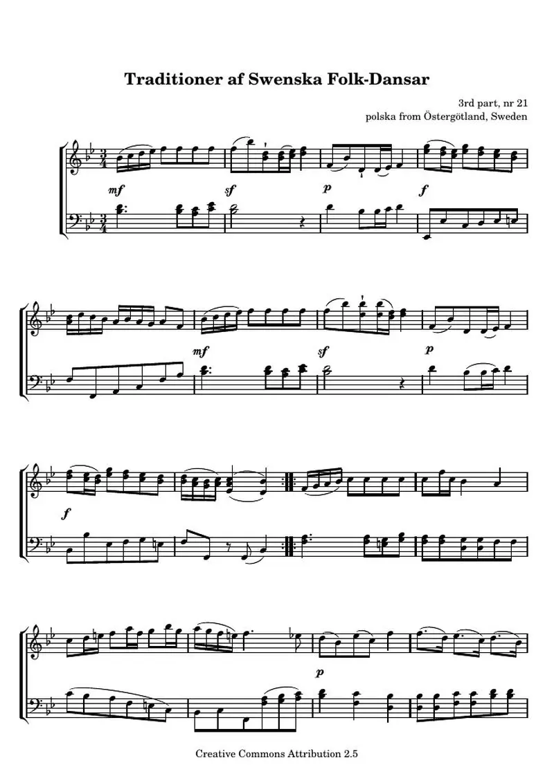Первая страница нот «Traditioner af Swenska Folk-Dansar, 3rd part, nr 21»