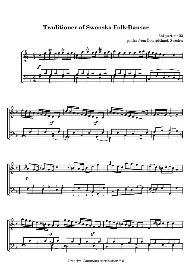 Первая страница нот «Traditioner af Swenska Folk-Dansar, 3rd part, nr 22»