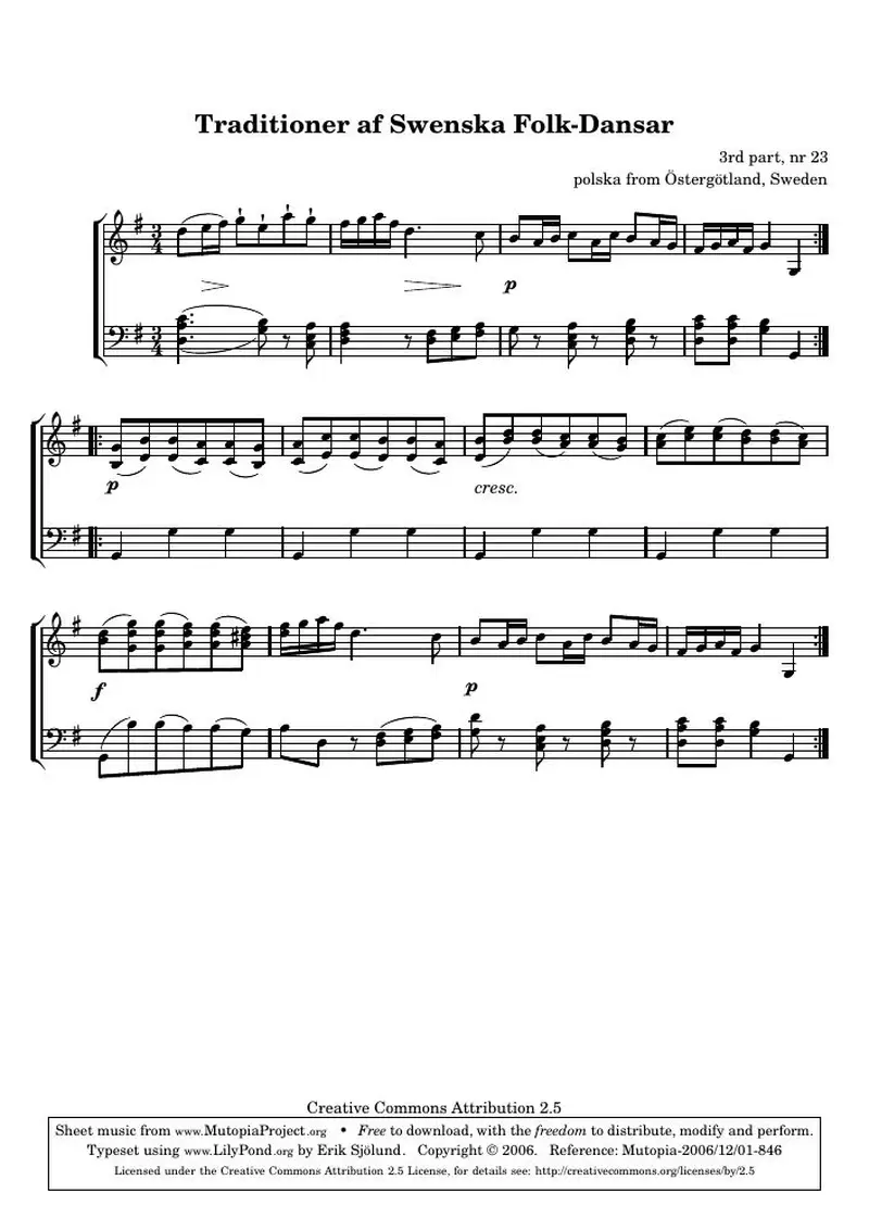 Первая страница нот «Traditioner af Swenska Folk-Dansar, 3rd part, nr 23»
