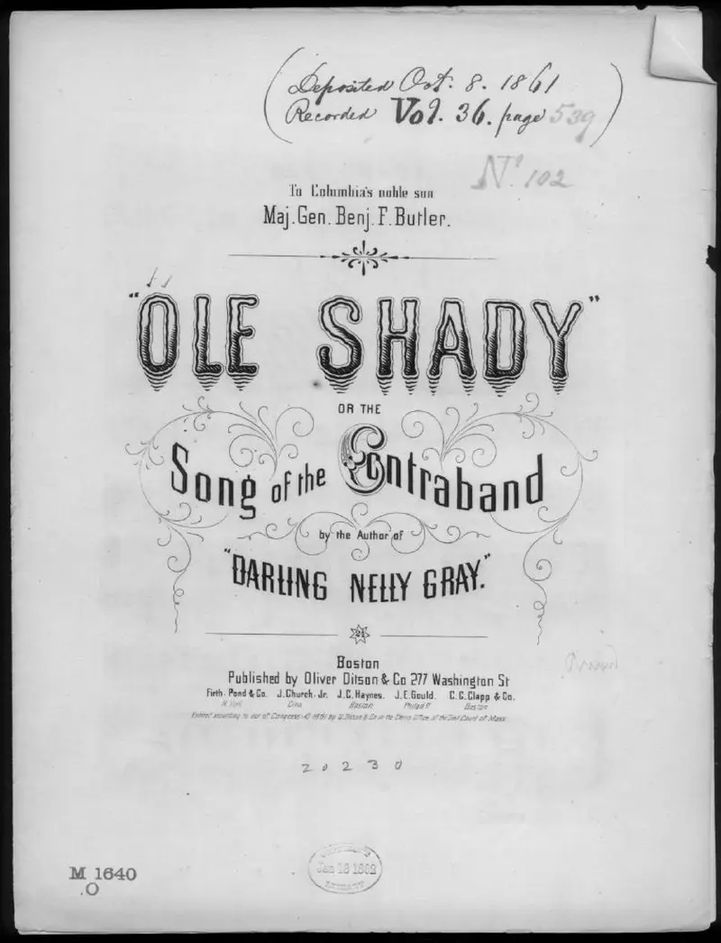Первая страница нот «Ole Shady, the Песня of the contraband»