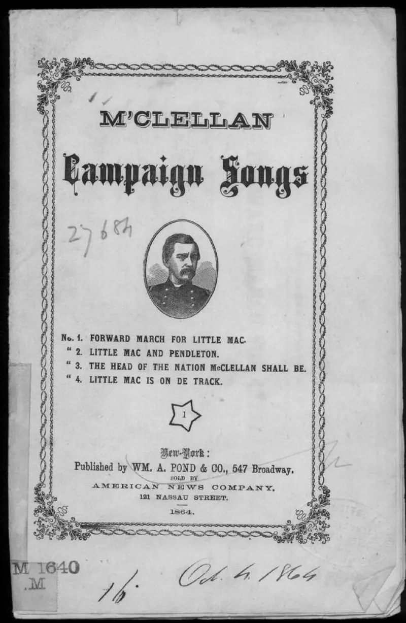 Первая страница нот «Forward Марш for Маленькая Mac; Маленькая Mac and Pendleton; The Head of the nation McClellan shall be; Маленькая Mac is on de track»