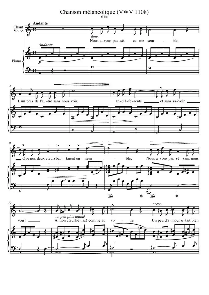 Первая страница нот «Chanson mélancolique (VWV 1108)»