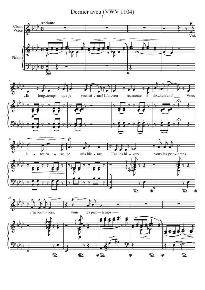 Первая страница нот «Dernier aveu (VWV 1104)»