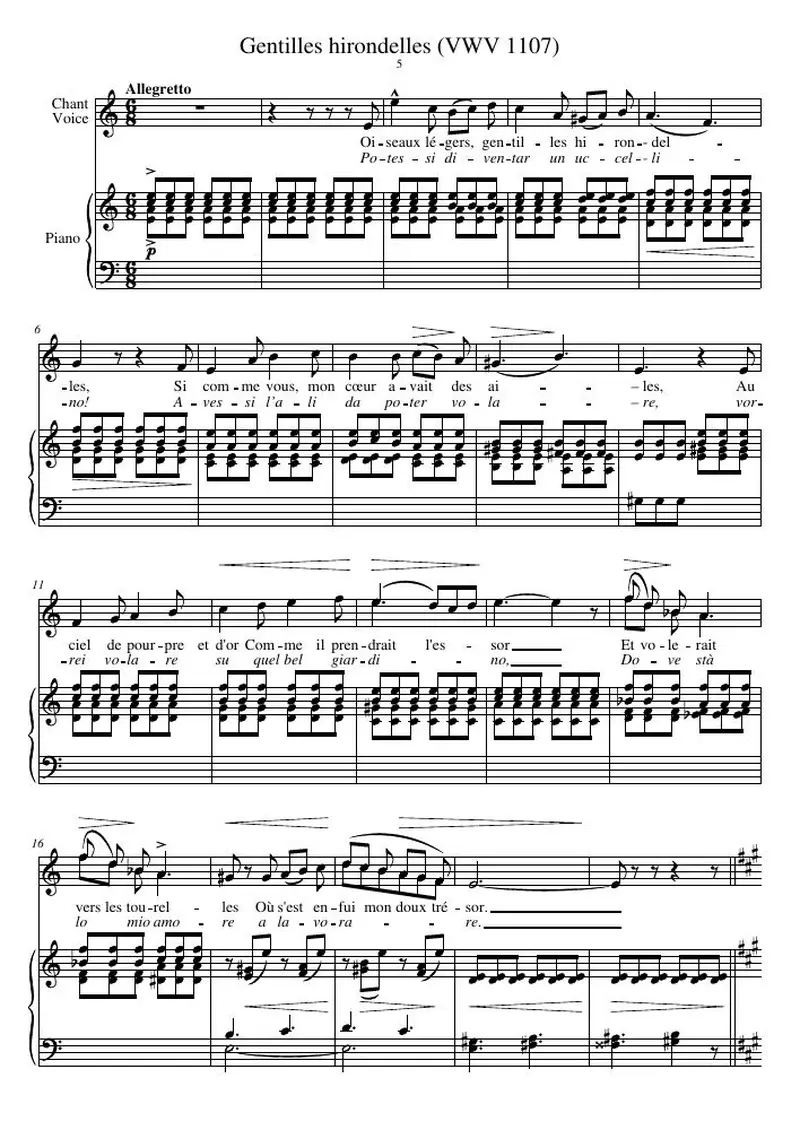 Первая страница нот «Gentilles hirondelles (VWV 1107)»
