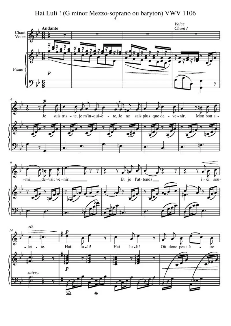 Первая страница нот «Hai Luli ! (G минор Mezzo-soprano ou baryton) VWV 1106»