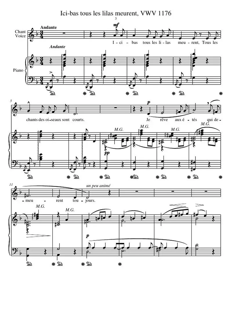 Первая страница нот «Ici-bas tous les lilas meurent, VWV 1176»