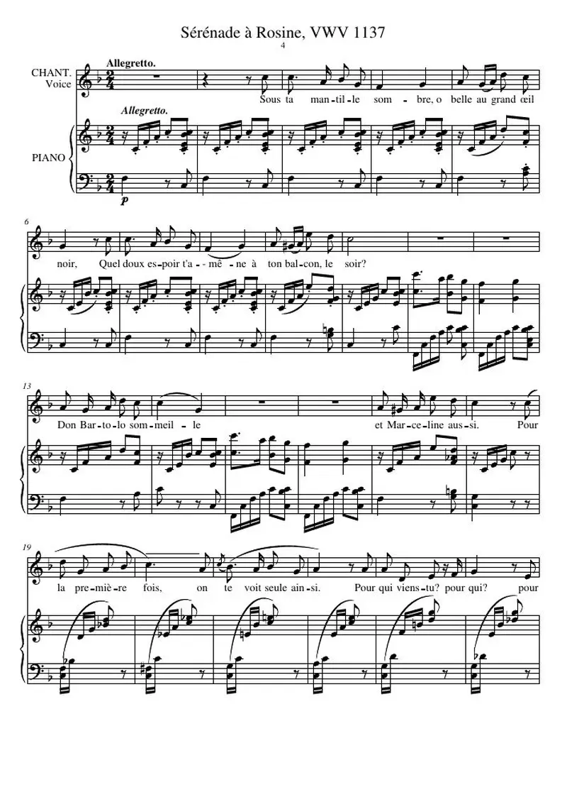 Первая страница нот «Sérénade à Rosine, VWV 1137»
