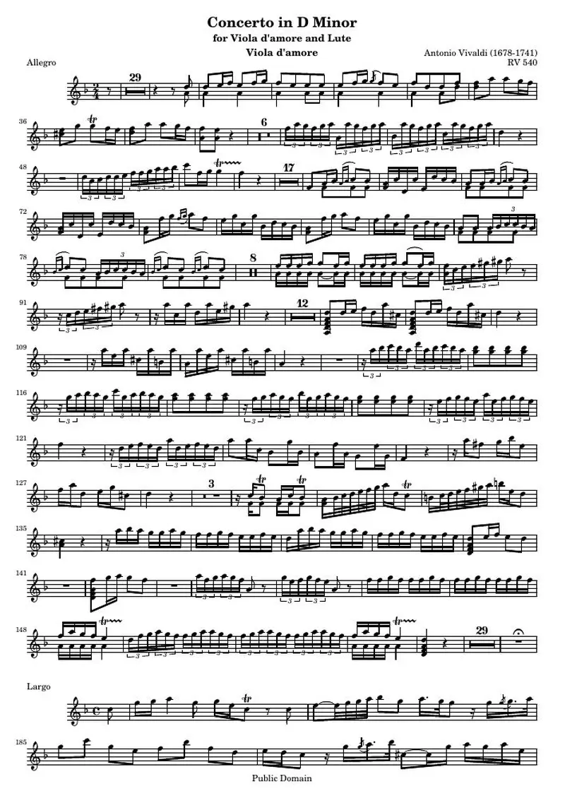 Первая страница нот «Концерт D минор for Viola d'amore and Lute — amore»