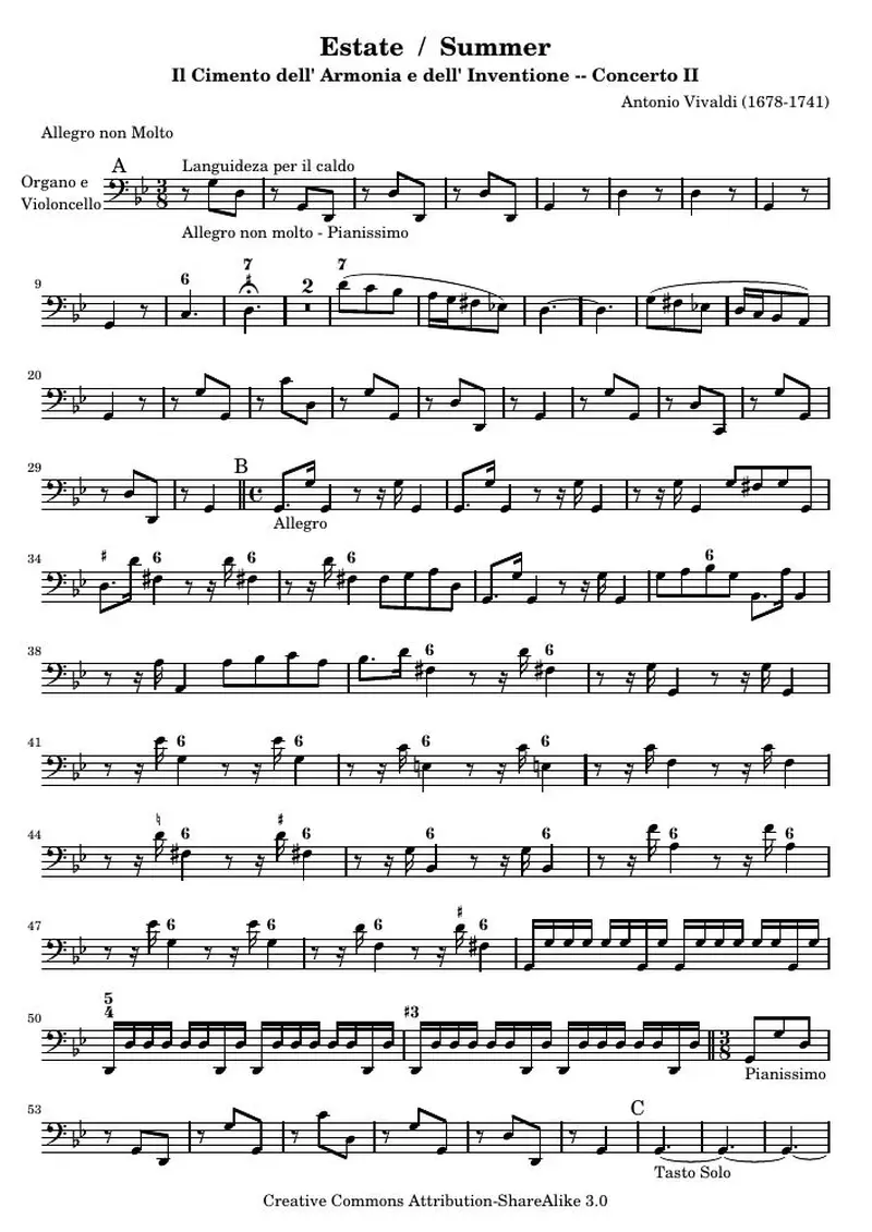 Первая страница нот «Estate / Summer (соч. 8, № 2) — summer-cello»