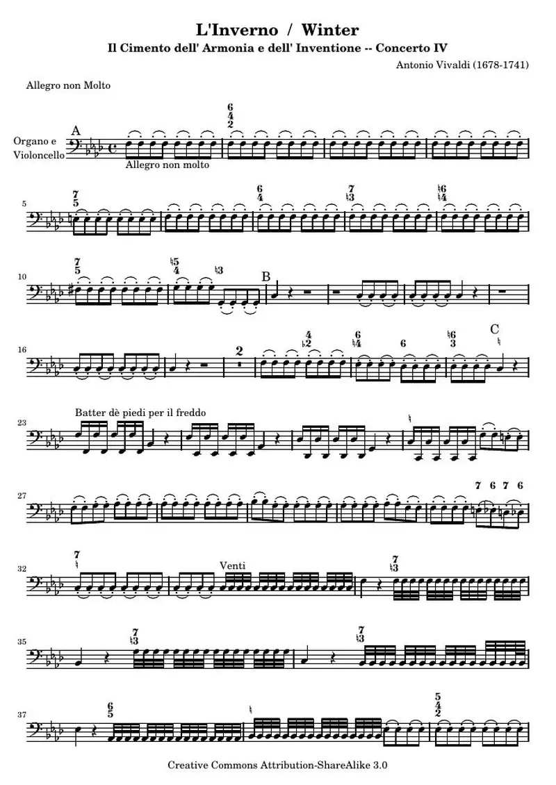 Первая страница нот «L'Inverno / Winter (соч. 8, № 4) — winter-cello»