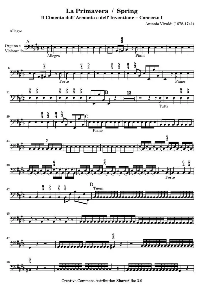 Первая страница нот «La Primavera / Spring (соч. 8, № 1) — spring-cello»