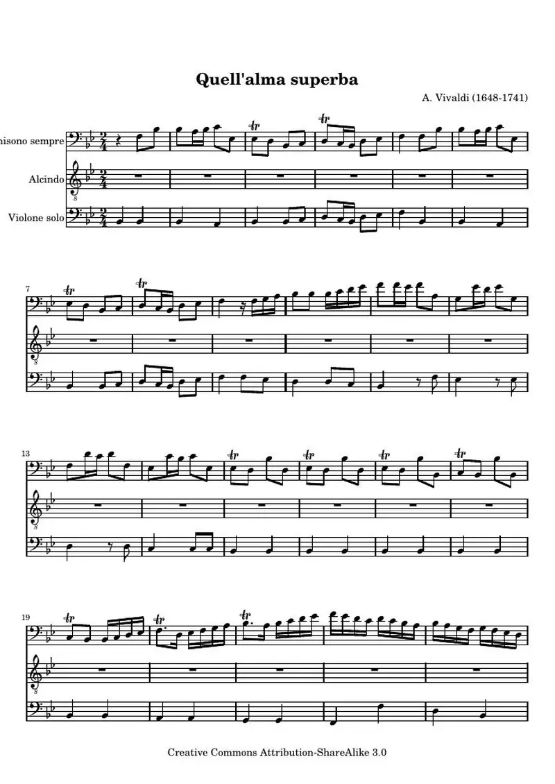 Первая страница нот «Quell'alma superba, Aria from Serenata a tre»