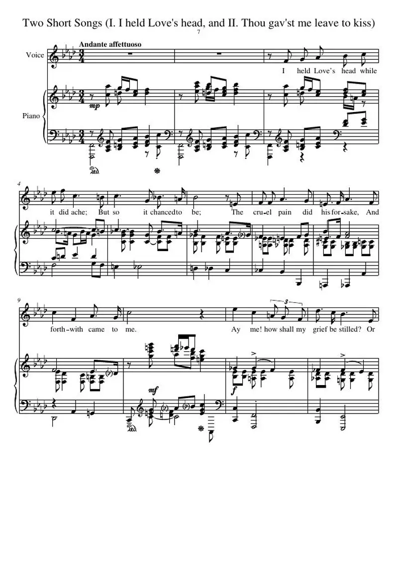 Первая страница нот «Two Short Songs (I. I held Love's head, and II. Thou gav'st me leave to kiss)»