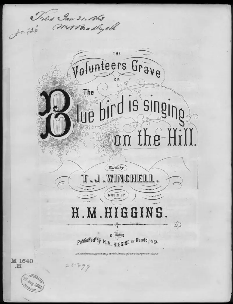 Первая страница нот «Blue bird is singing on the hill, or The Volunteers grave»
