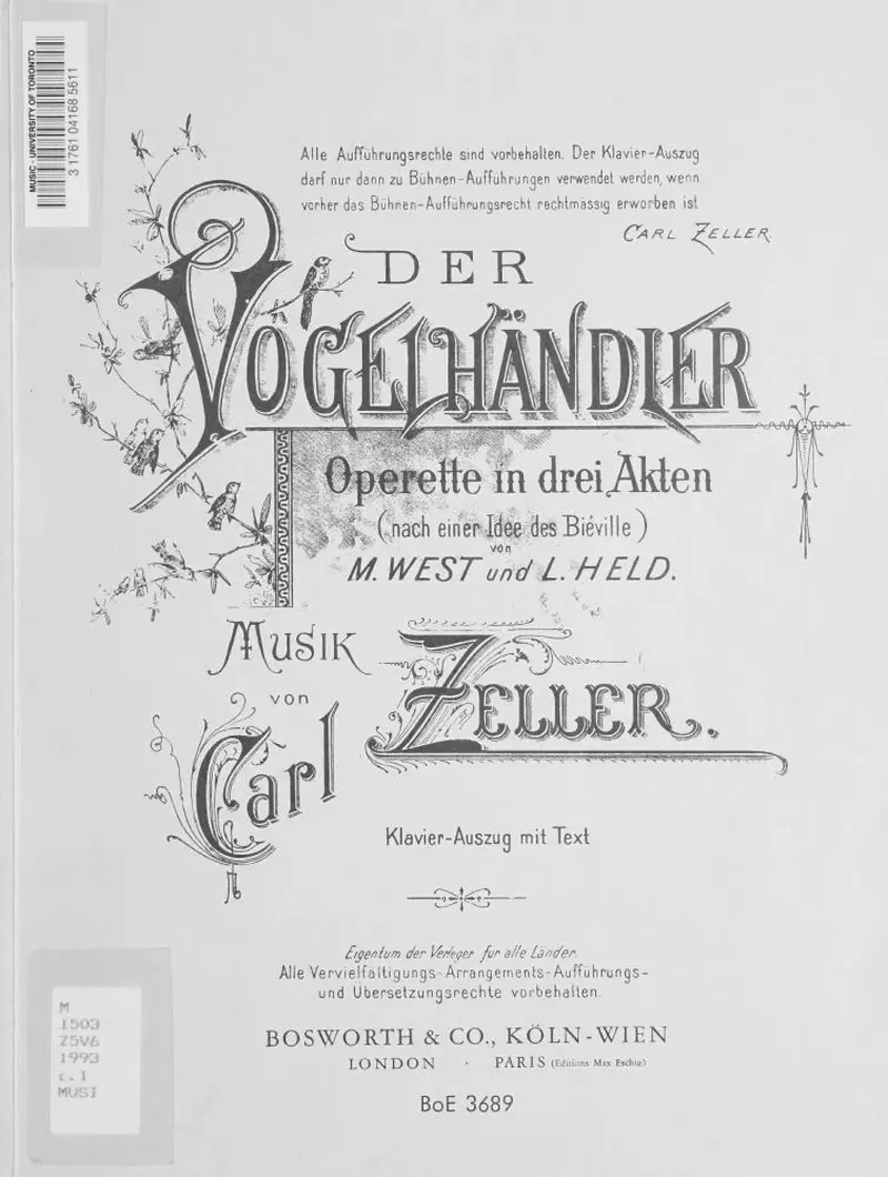 Первая страница нот «Der Vogelhändler : Operette drei Akten»
